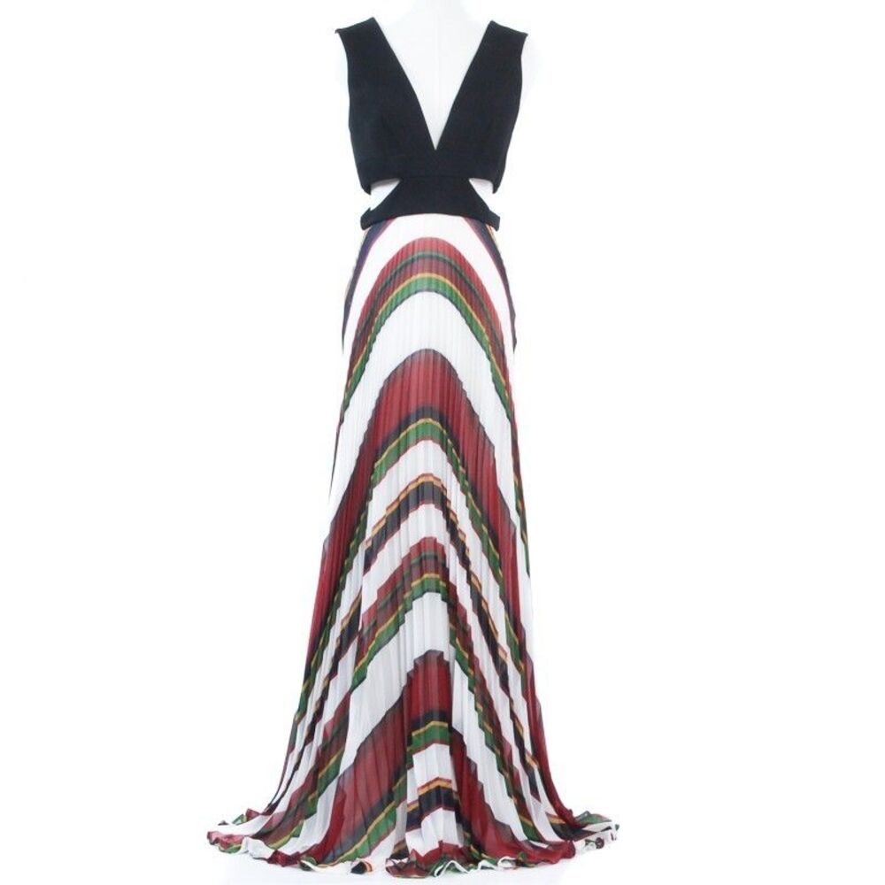 BCBGMAXAZRIA Maryna Maxi Dress 4 Black Cutout Pleated Rainbow Striped Gown Sexy